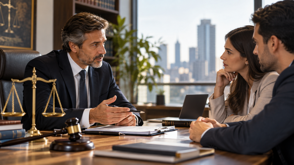 People meeting at a table beside scales of justice, with a city view