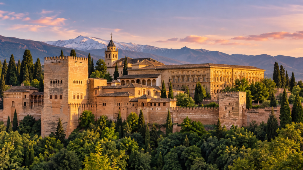 The Alhambra palace complex in Granada, Spain, seen by a business lawyer with snow-capped Sierra Nevada mountains in the background at sunset.