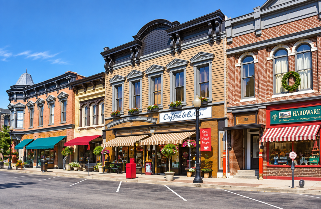 A street of storefronts including a business lawyer in Burbank, Coffee & Co., and a hardware store, with striped awnings and brick and wood facades under a clear blue sky.