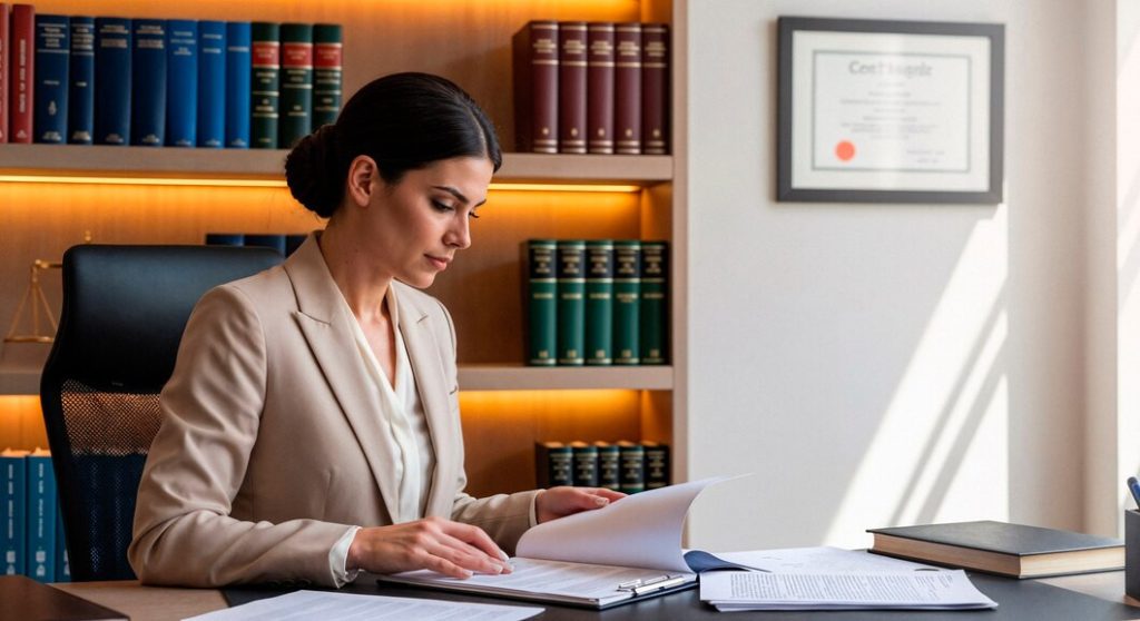 A business lawyer in the San Fernando Valley sits at a desk in her office reviewing documents, with bookshelves and a framed certificate in the background.