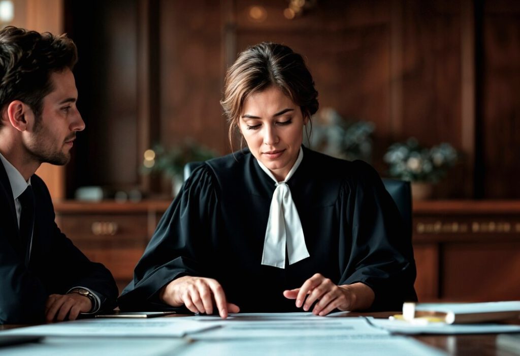 A judge in a black robe sits at a desk reviewing legal documents while a business lawyer from West Covina looks on.