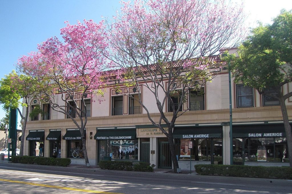 A two-story building near a business lawyer in Fullerton, with storefronts for Style for Her, Style for Him, Footage, and Salon Amerige, shaded by blooming pink tabebuia trees.