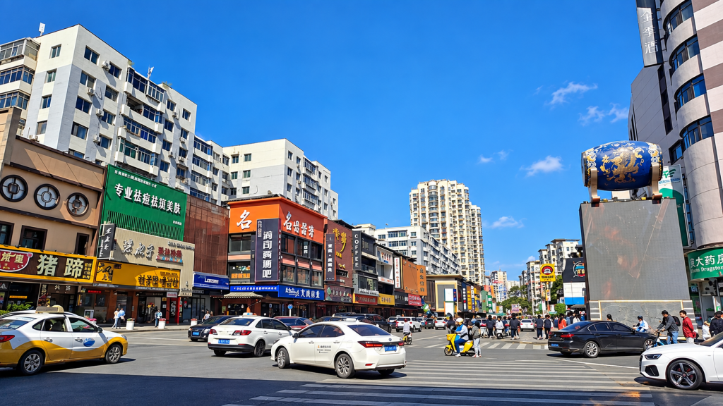 A busy city intersection in China with multi-story buildings, storefronts with Chinese signage, pedestrians, and cars passing by a business lawyer office in Koreatown.