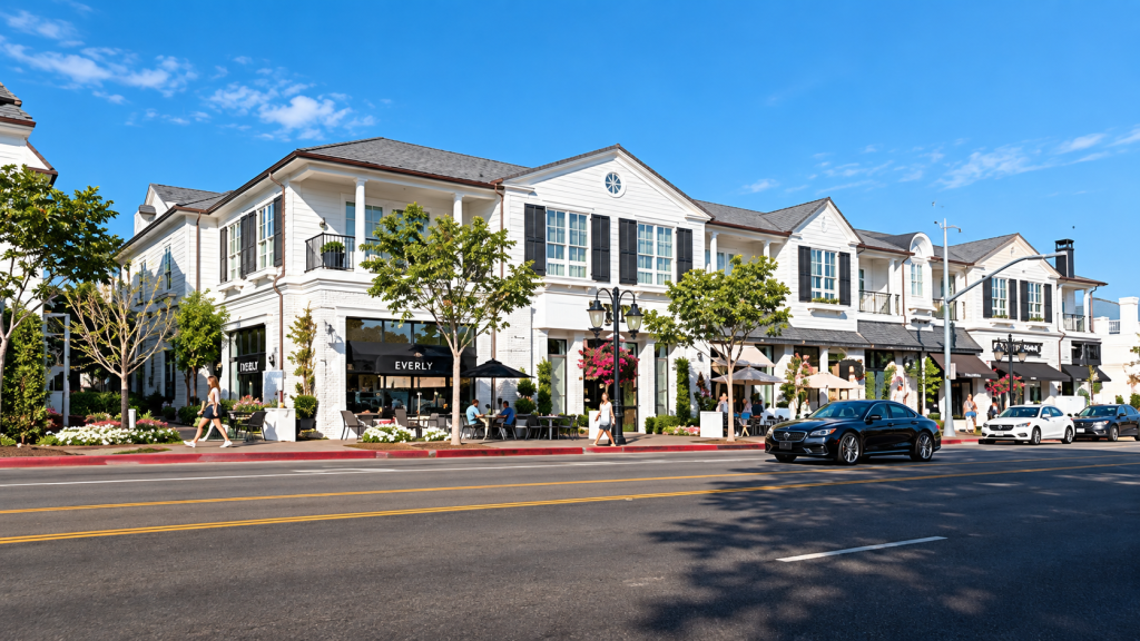 A row of white multi-story commercial buildings housing a business attorney in Pacific Palisades, with outdoor dining areas along the street.