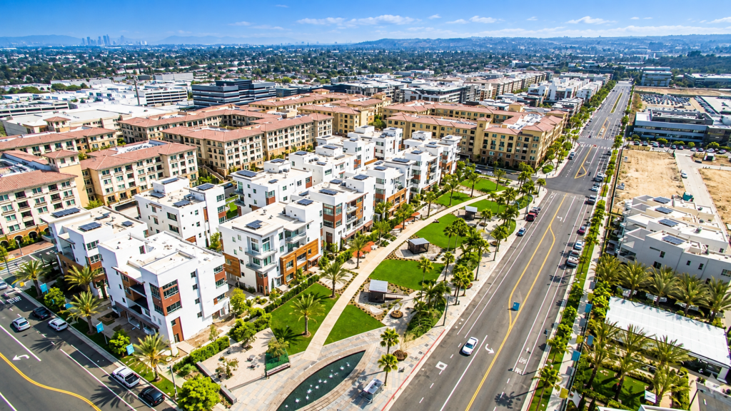 Aerial view of a residential apartment complex and courtyard near a Playa Vista business lawyer’s office, featuring a fountain beside a city street.