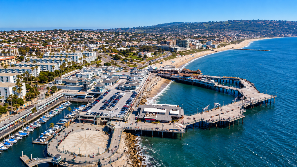 Aerial view of the Redondo Beach Pier, harbor, and coastline near the offices of a business lawyer in Redondo Beach.