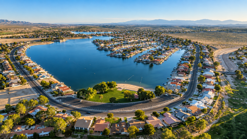 Aerial view of a residential neighborhood in Silver Lake built around a large, crescent-shaped lake.