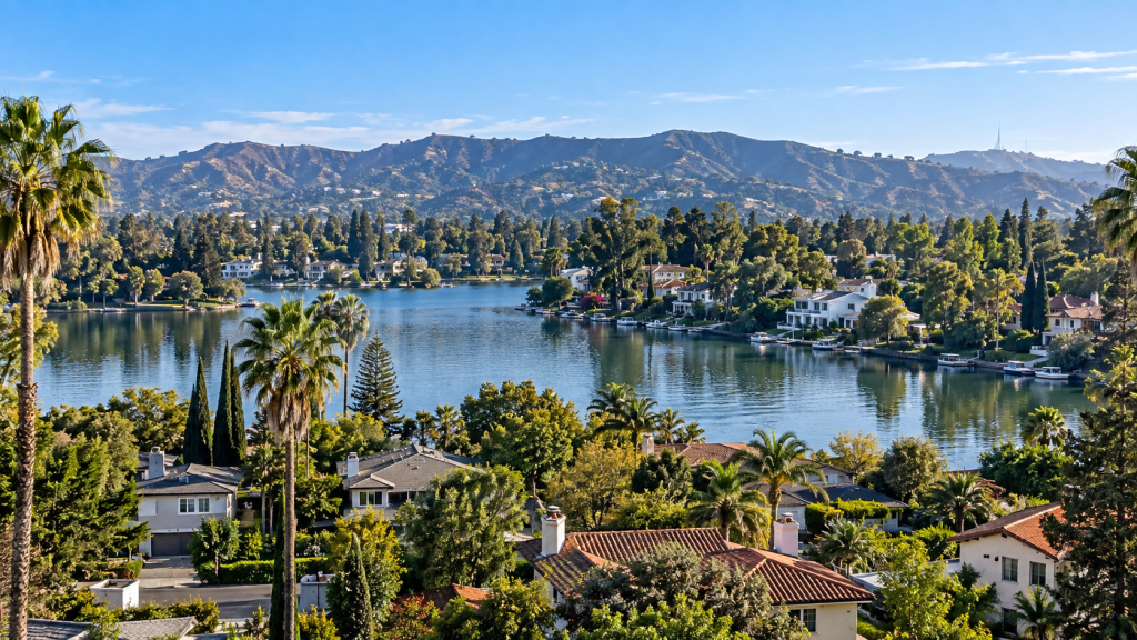 Lake Sherwood surrounded by houses, trees, and hills, a view familiar to a Business Lawyer in Toluca Lake, under a clear blue sky.