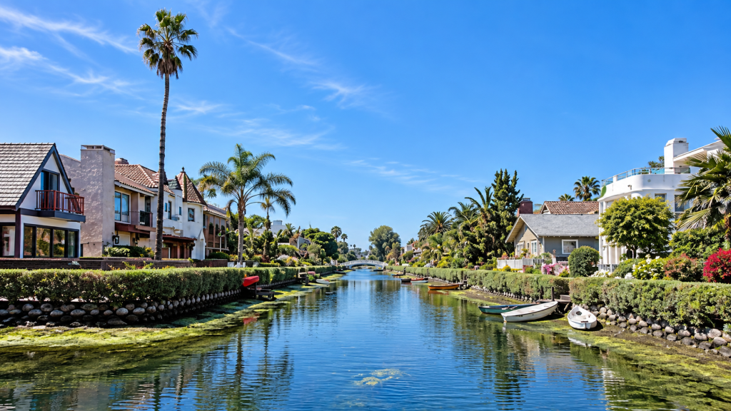 A Venice canal lined with houses, manicured hedges, and small boats, with a footbridge in the distance.