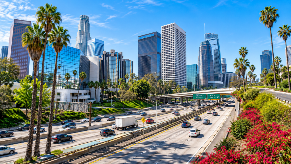 The downtown Los Angeles skyline viewed from a freeway with heavy traffic and palm trees, typical of the commute for a Business Lawyer in West Los Angeles.