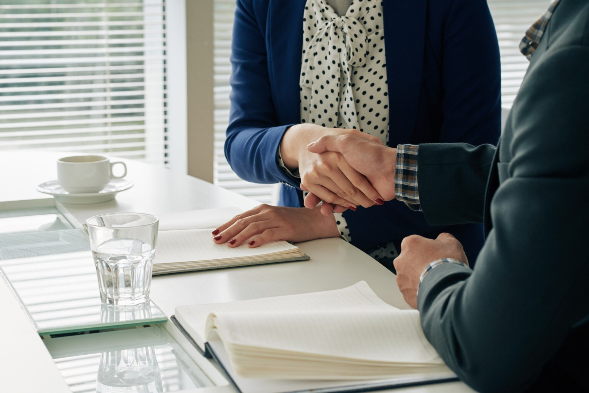 Two people in a meeting at a desk