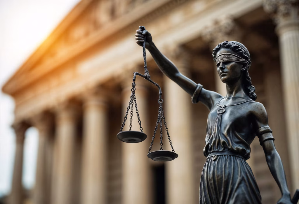 Statue of Lady Justice holding scales in front of a courthouse with columns, representing a business lawyer in Fairfax.