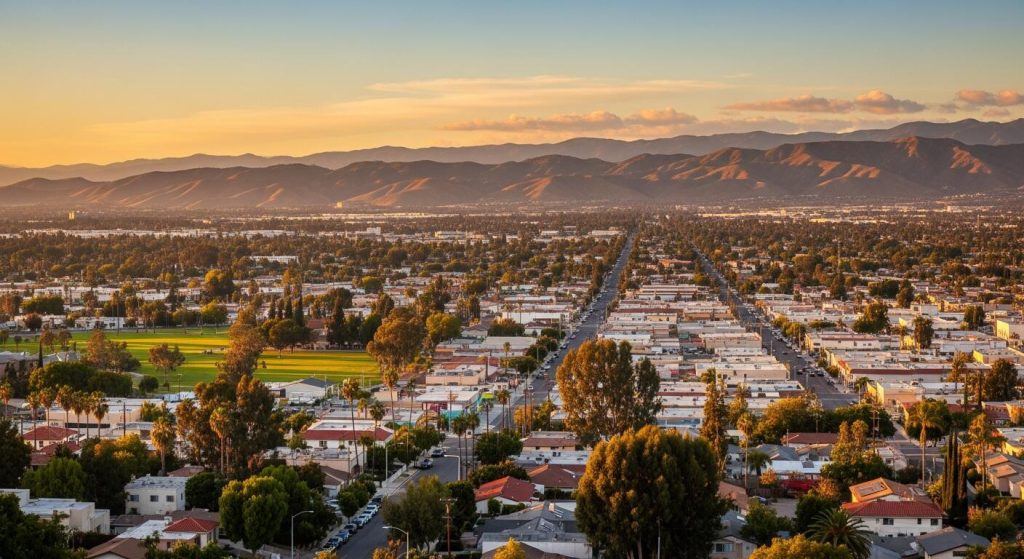 Aerial view of a sprawling suburban city, home to a business lawyer in El Monte, at sunset with mountains in the background.