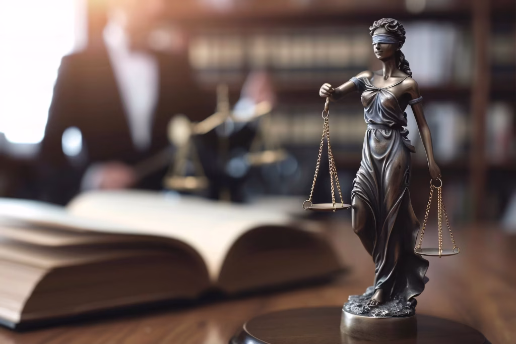 A bronze statue of Lady Justice holding scales near an open law book, evoking the professional presence of a business lawyer in Echo Park.