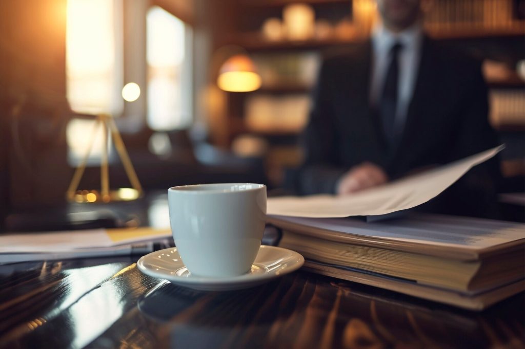 A white coffee cup on a saucer sits on a wooden desk next to a stack of papers and a business lawyer in Hawthorne.