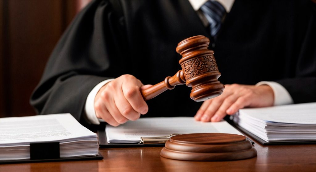 A business lawyer in Fullerton wearing a black robe holds a wooden gavel over a sound block on a desk with documents.