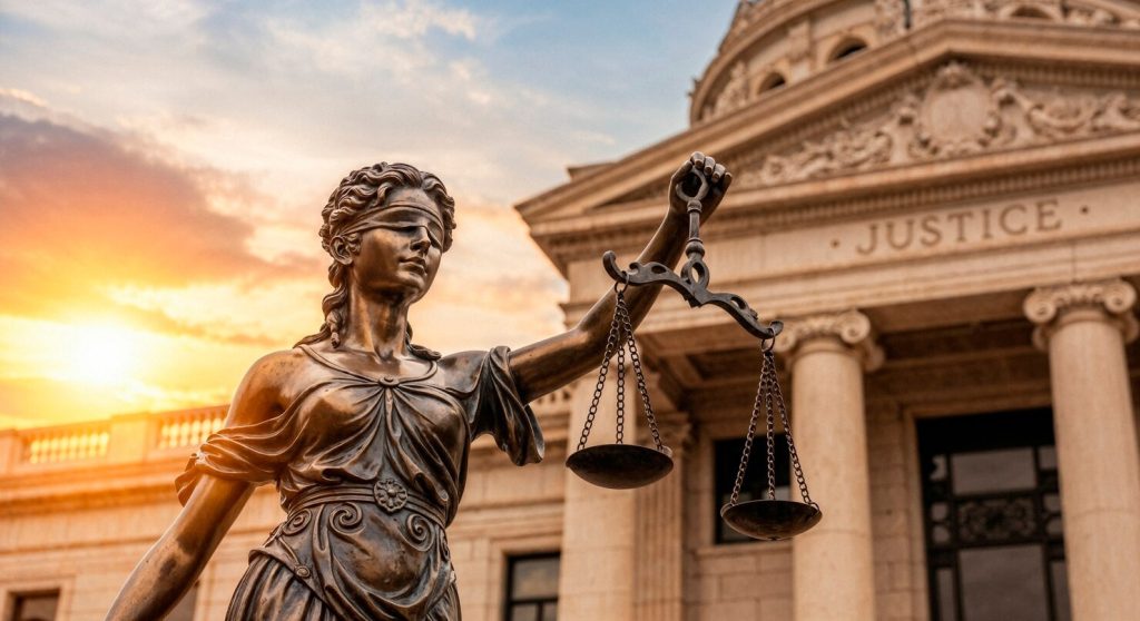 Bronze statue of Lady Justice holding scales in front of an El Segundo courthouse.