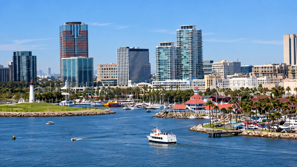 The Long Beach skyline and harbor, a bustling backdrop for a business lawyer in Long Beach, with various boats on the water.