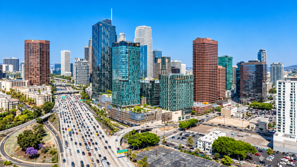 Aerial view of the Los Angeles skyline near the office of a business lawyer in Los Angeles, showing heavy traffic on the adjacent highway.