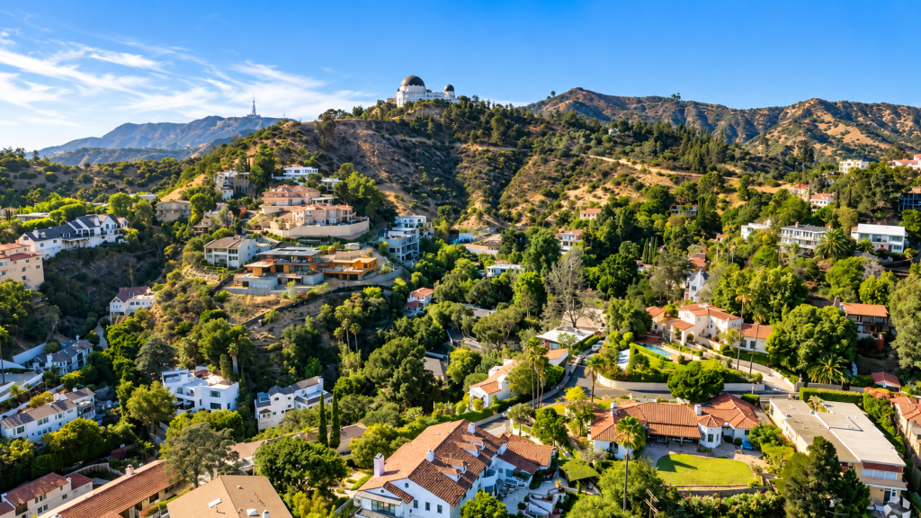 Aerial view of homes nestled in the Hollywood Hills below the Griffith Observatory, near the offices of a business lawyer in Los Feliz.