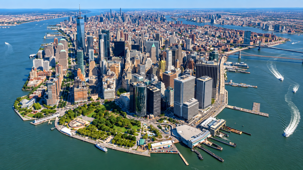 Aerial view of the Financial District and the Battery in Lower Manhattan, an area served by a business lawyer in Manhattan Beach.