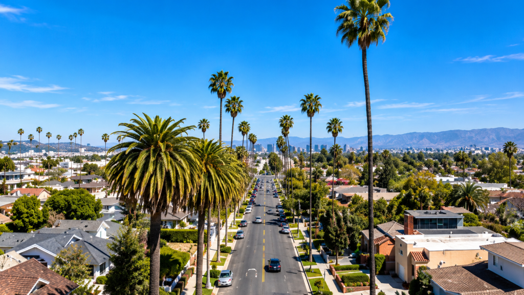An elevated view of a palm-lined residential street in Mid-City, with a city skyline and distant mountains visible in the background.