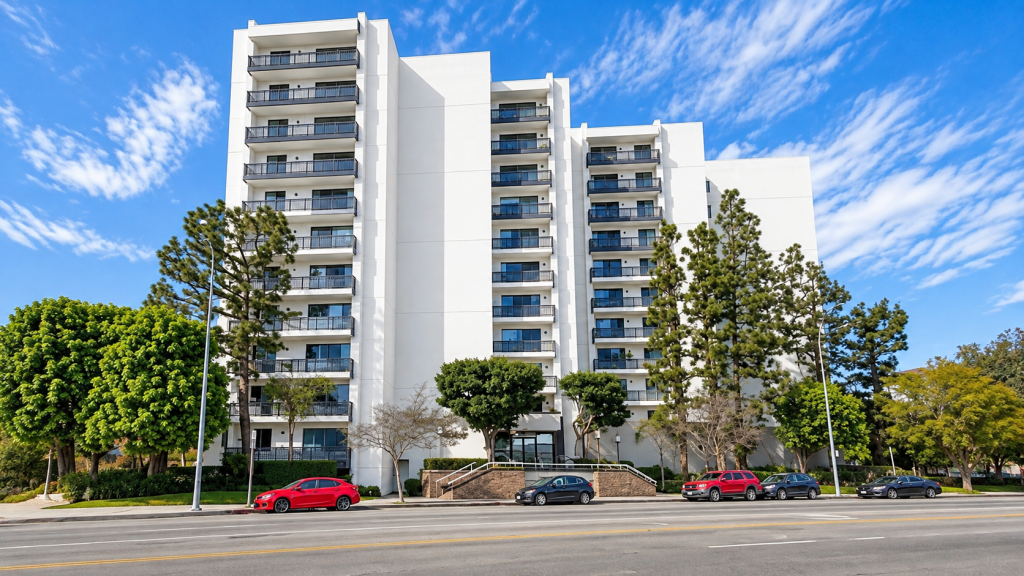 A multi-story white apartment building with balconies, surrounded by trees and a street with parked cars near a Business Lawyer in Mid-Wilshire.