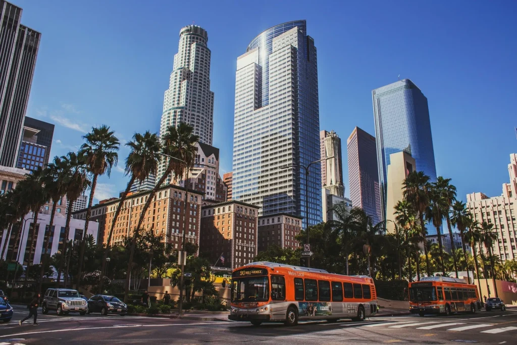 Downtown Los Angeles skyline with palm trees