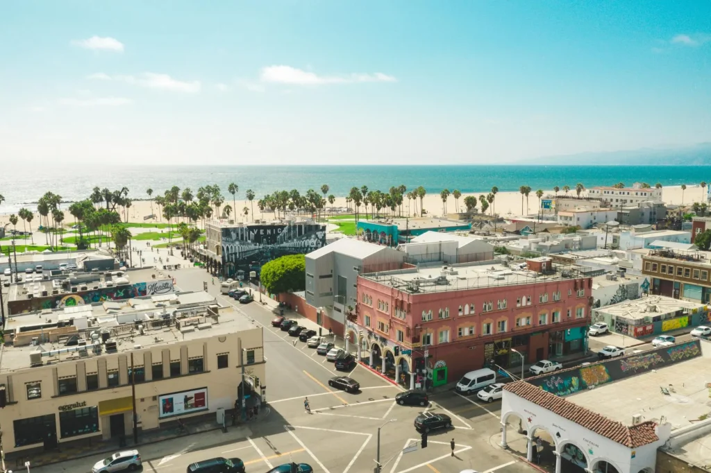 Aerial view of a coastal town and beach