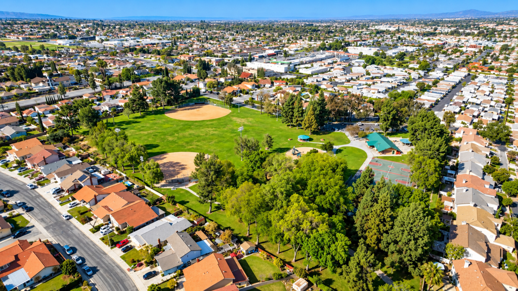 Aerial view of a neighborhood park near a Business Lawyer in Rowland Heights, featuring two baseball diamonds, a playground, basketball courts, and a pavilion, surrounded by suburban houses.