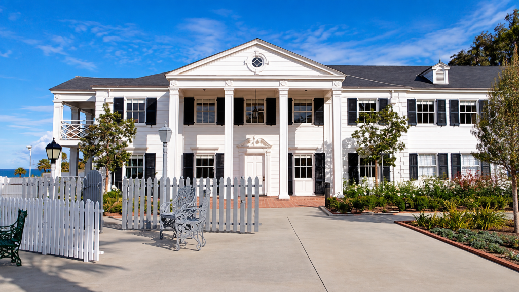 A two-story white building with a columned porch, black shutters, and a white picket fence, housing a business lawyer in Santa Monica.