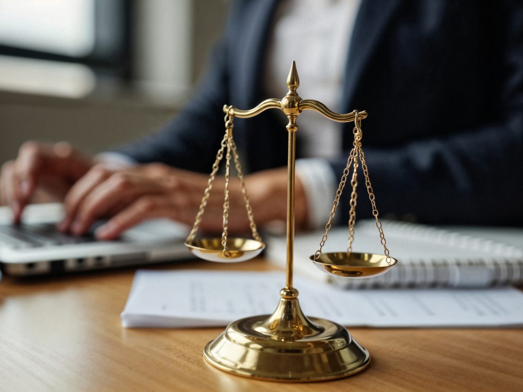 A brass scale of justice on a desk with a business litigation attorney typing on a laptop in the background.