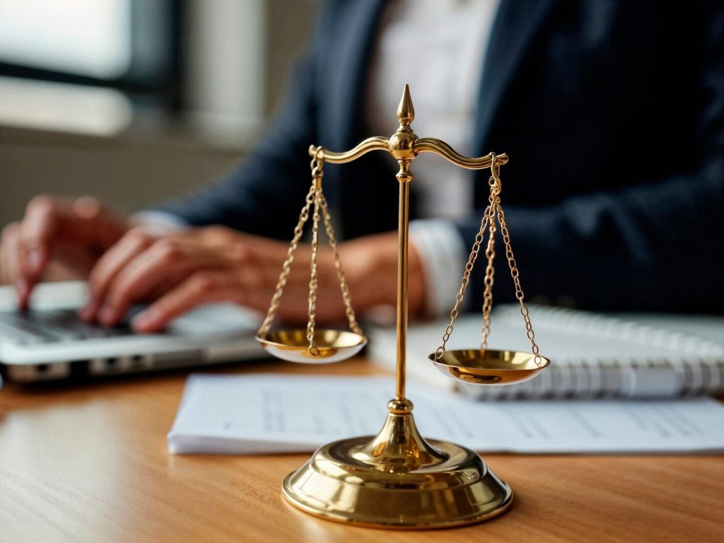 A gold scale of justice sits on a desk in front of a business lawyer in Encino typing on a laptop.