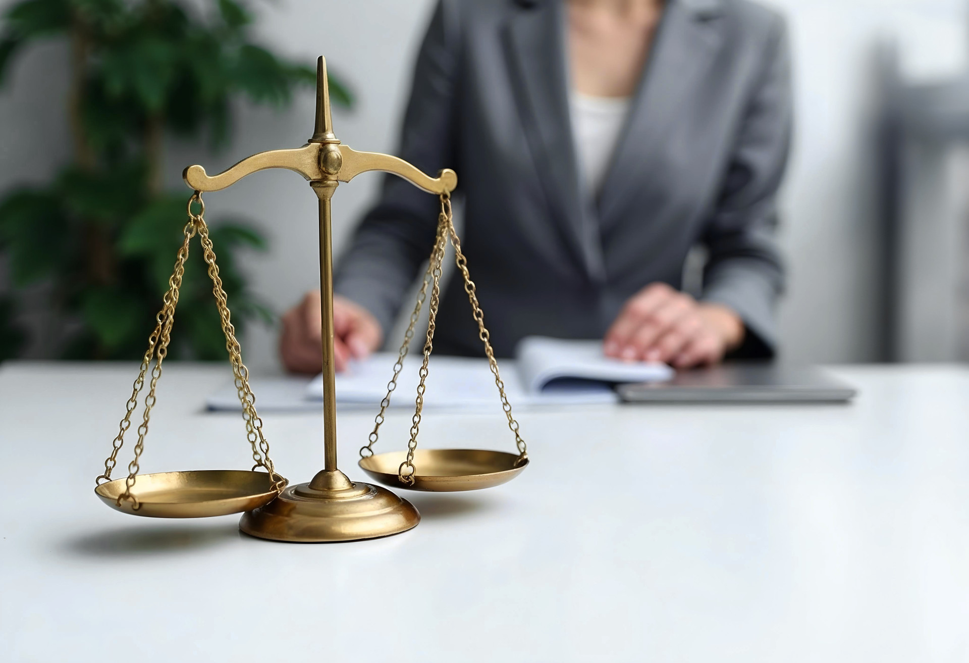 A brass scale of justice sits on a desk in front of a person in a suit, representing business litigation in Irvine.