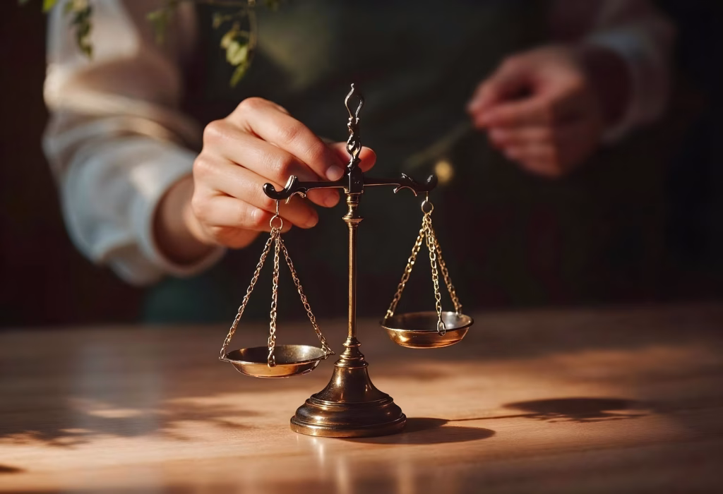 A business lawyer in El Monte adjusts a brass balance scale on a wooden table.
